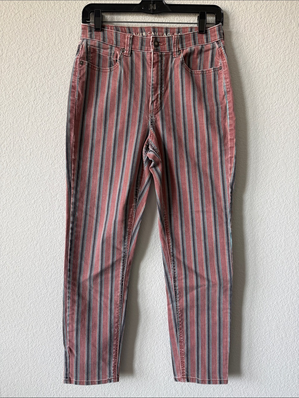American Eagle Outfitters Red and Navy Vertical Stripe Mom Jeans